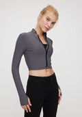 Women's Cropped Workout Front Zip Stretchy Fitted Long Sleeve Crop Top